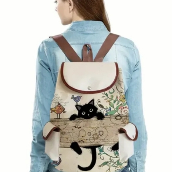 Black Cat Canvas Backpack, BoHo Fashion Drawstring Casual Knapsack, Daypack - Picture 3 of 14